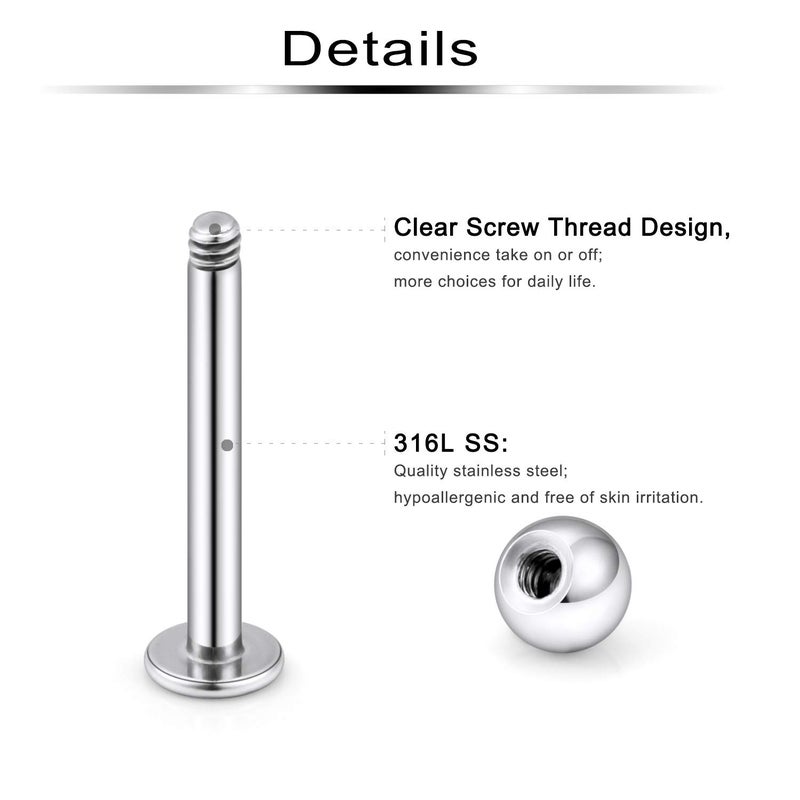 Ftovosyo Labret Barbell 24PCS Monroe Lip Barbell Ring Helix Earring Tragus Cartilage Studs Surgical Steel Piercing Jewelry for Women Men 16G 6mm 8mm 10mm 12mm Silver Black Rose Gold - Image 2
